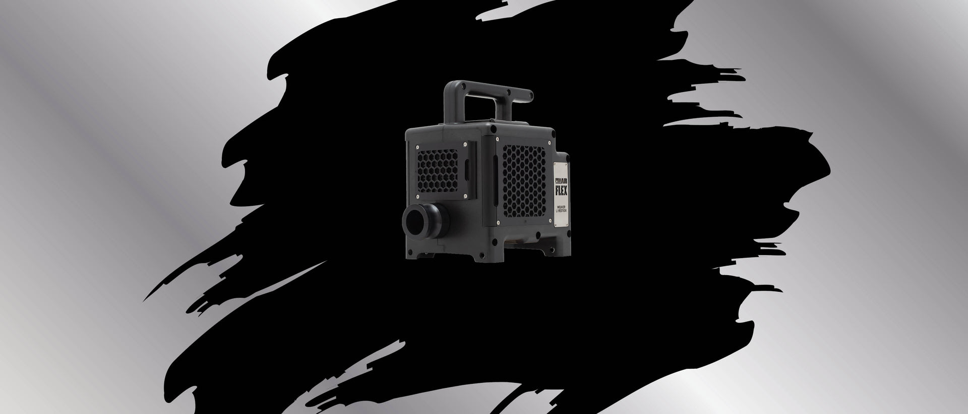 Black portable livestock blower centered on a black brushstroke graphic against a gray background.