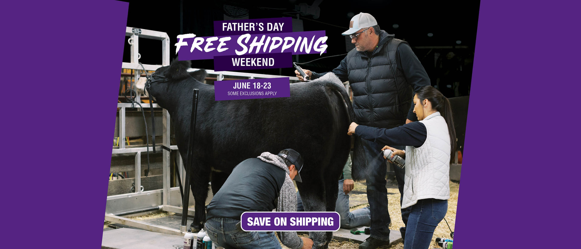Father’s Day free shipping weekend banner featuring exhibitors grooming a black show cattle, with sale dates June 18–23 and “Save on Shipping” CTA.