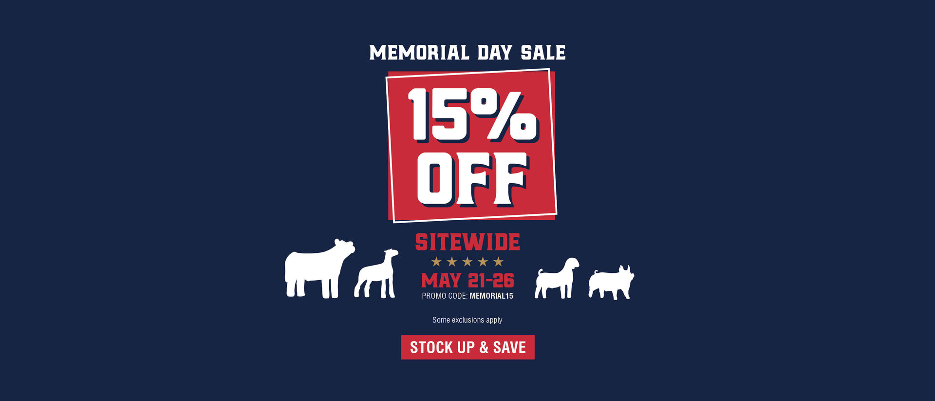 Memorial Day sale banner with 15% off sitewide promotion and livestock silhouettes