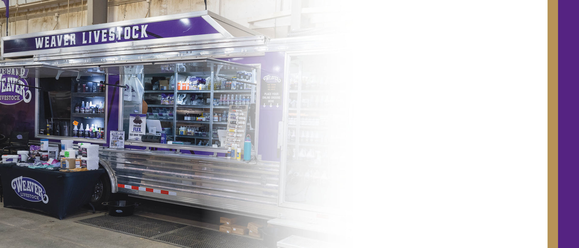 Weaver Livestock mobile retail booth displaying livestock grooming and show supplies at the American Royal.
