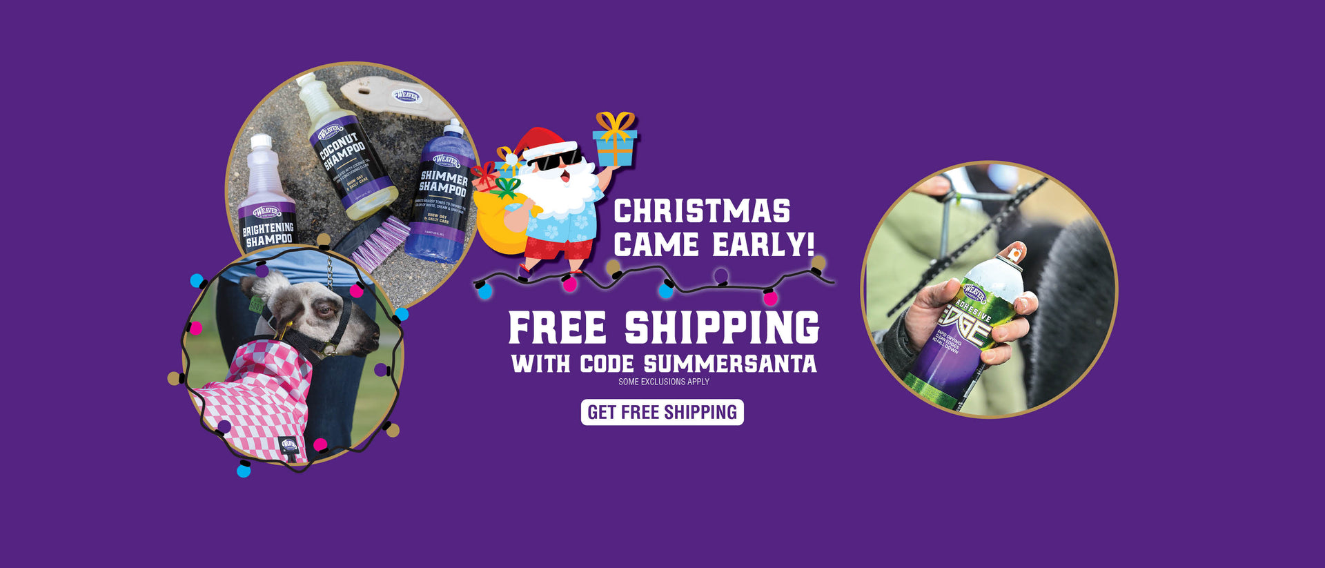 Holiday-themed collage featuring livestock shampoos, a sheep wearing a festive coat and sunglasses, and a hand holding livestock adhesive spray on a purple background.