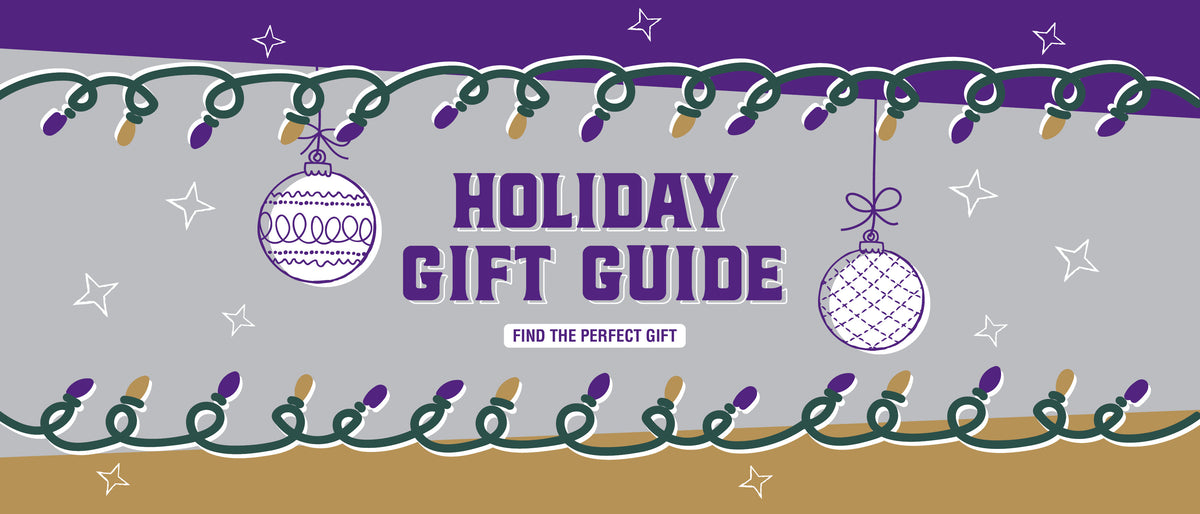 Holiday Gift Guide banner with festive string lights, hanging ornaments, stars, and purple, green, gold, and gray holiday graphics.