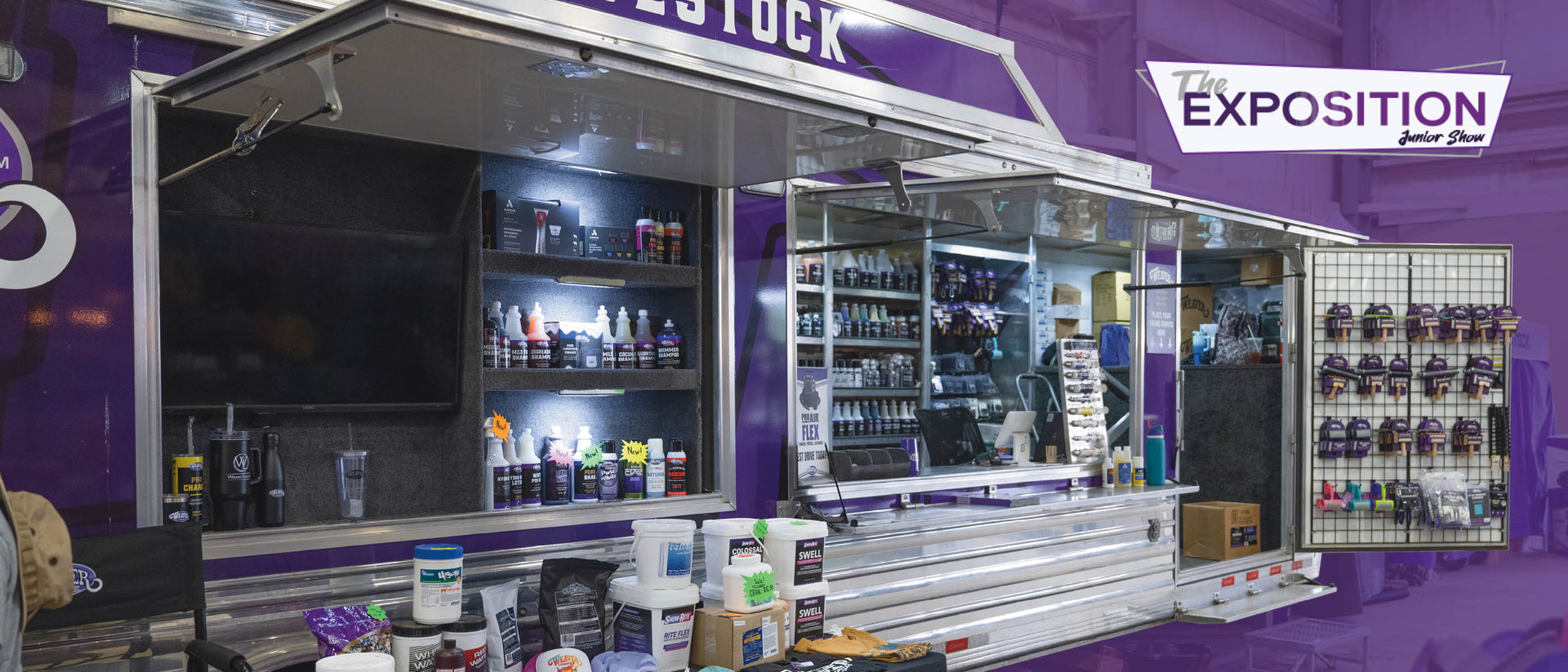 Mobile Weaver Livestock store display with show supplies at The Exposition Junior Show.